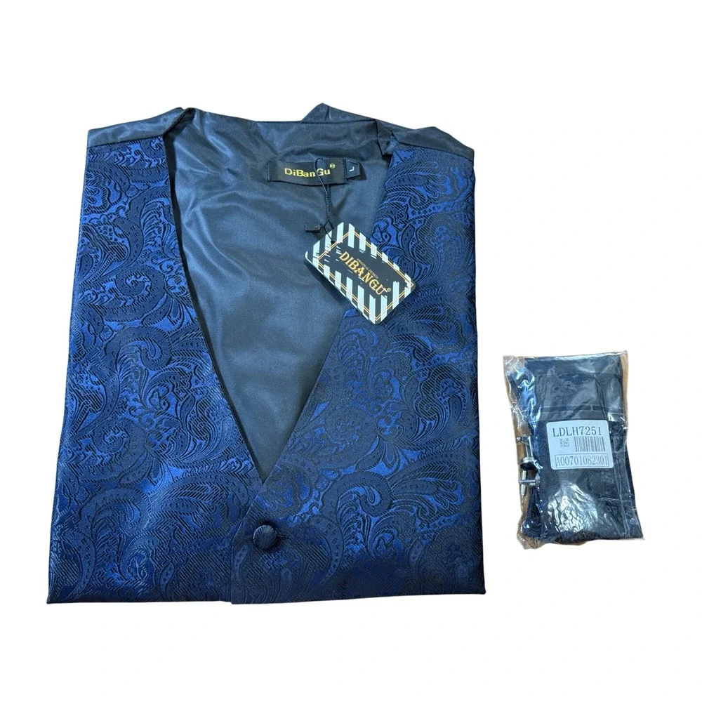 DiBanGu Paisley‎ Vest Set Mens L Blue Silk 6PC Tie Bowtie Pocket Square Formal